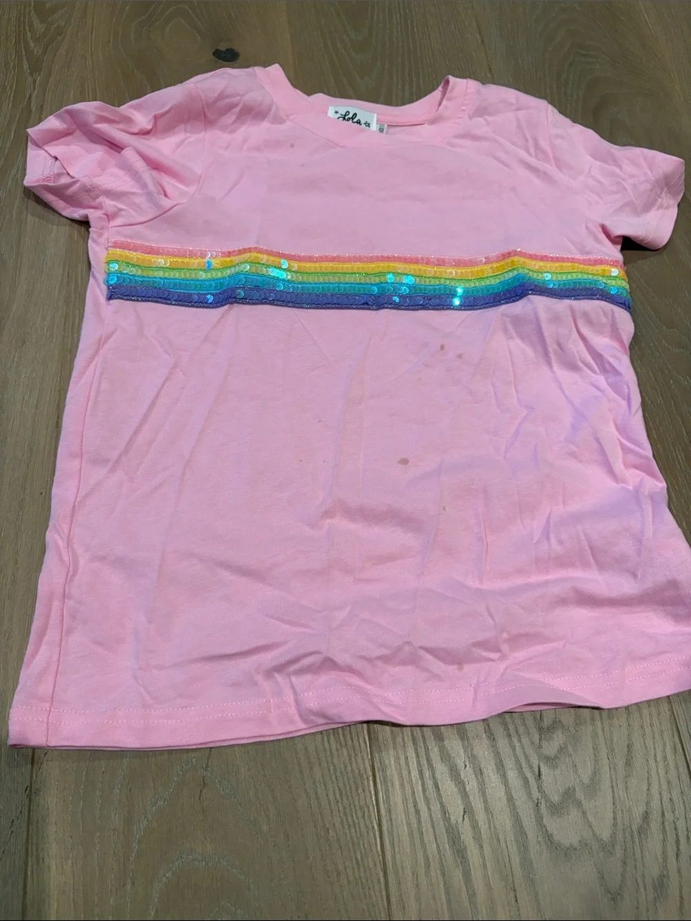 Lola + The Boys Size 10 Pink Short Sleeve Set with Rainbow Sequin Trim.